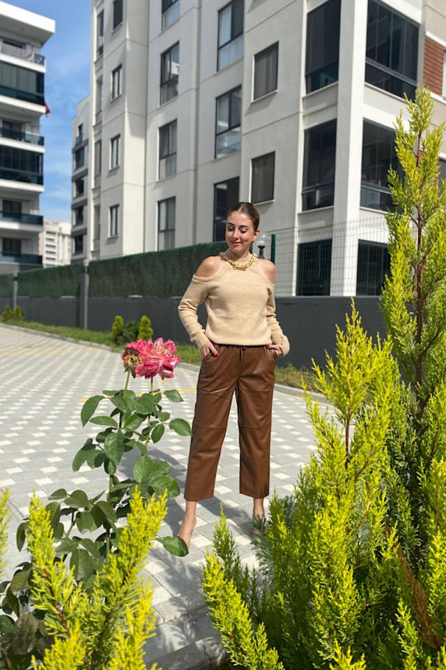 Beli Lastikli Deri Pantolon -Kahve