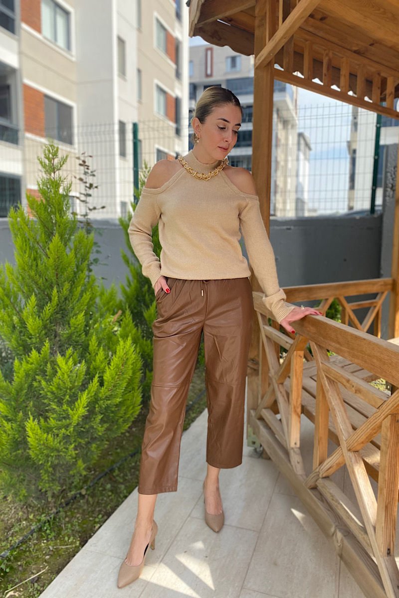 Beli Lastikli Deri Pantolon -Kahve