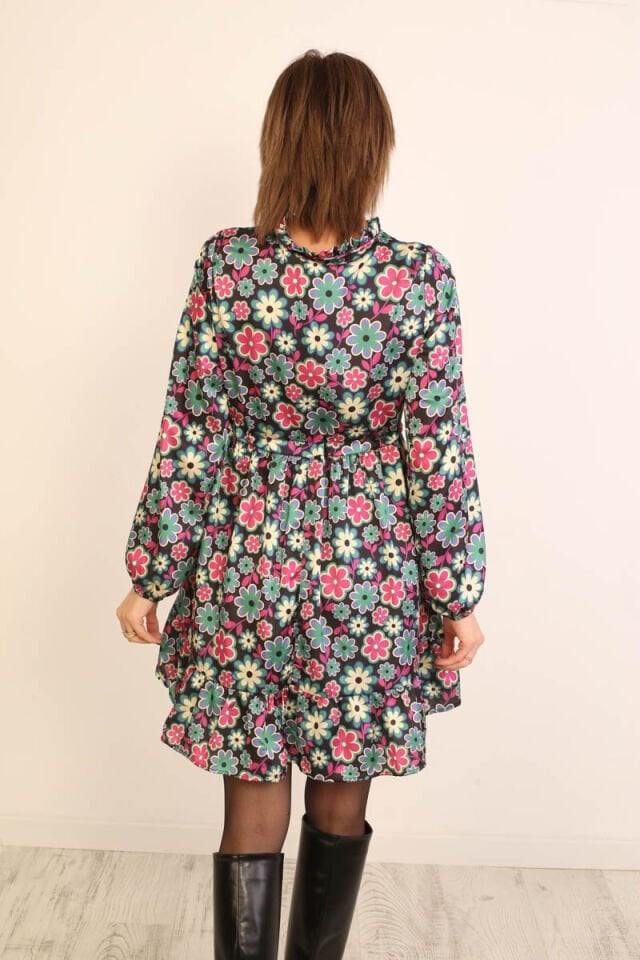 Çiçekli Büzgülü Saten Elbise