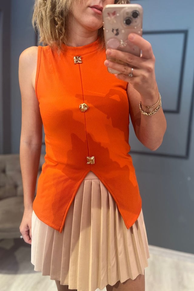 Düğmeli ve Yırtmaçlı Bluz-Oranj