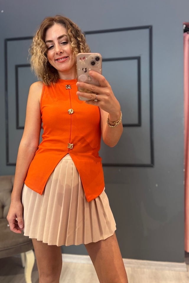 Düğmeli ve Yırtmaçlı Bluz-Oranj