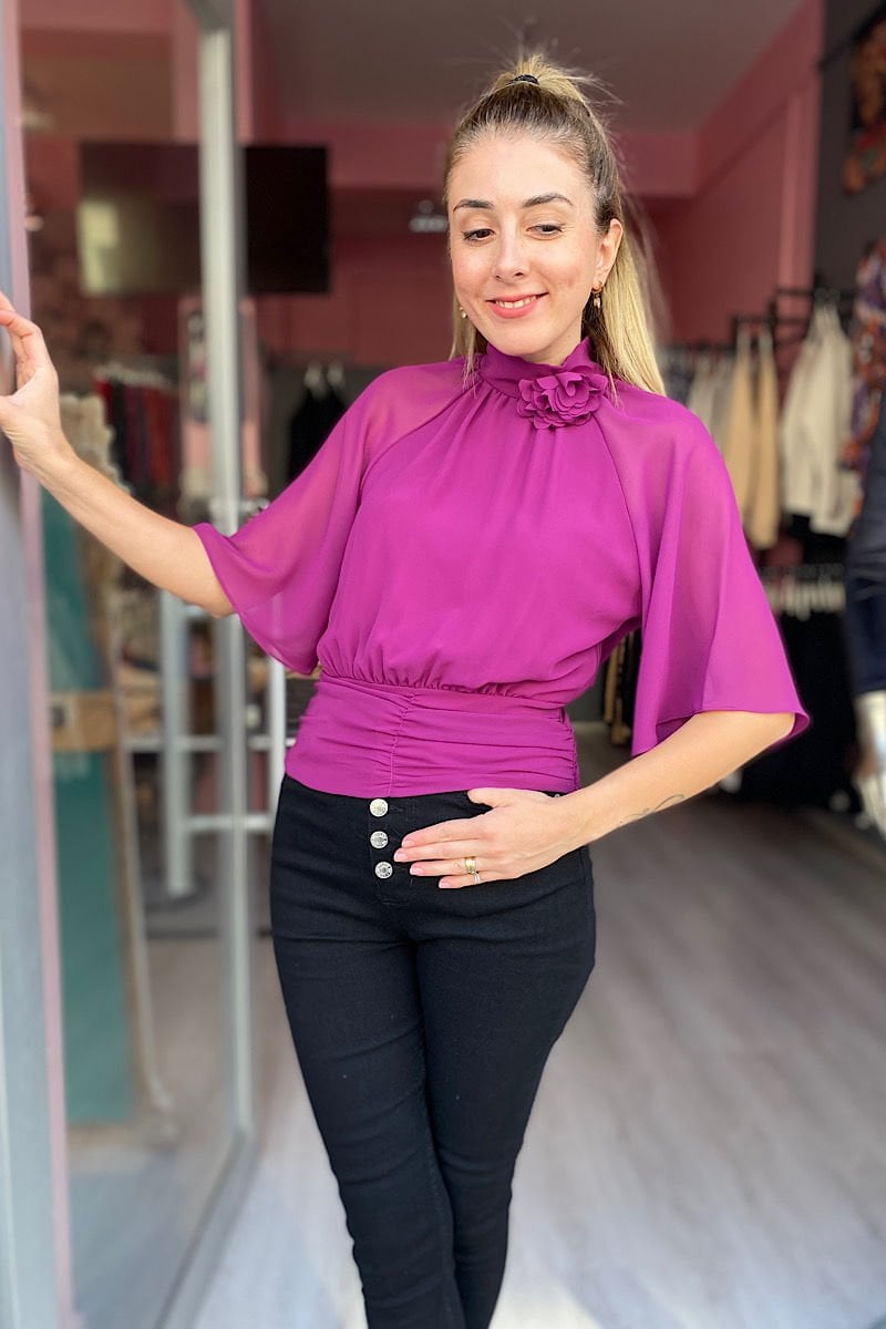 Yarasa Kol Multi Şifon Bluz-Mor