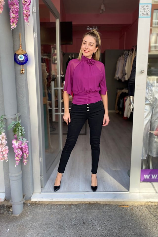 Yarasa Kol Multi Şifon Bluz-Mor