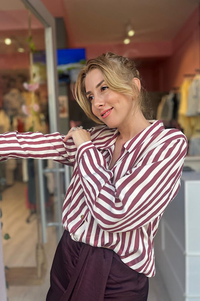 Çizgili Premium Gömlek-Bordo