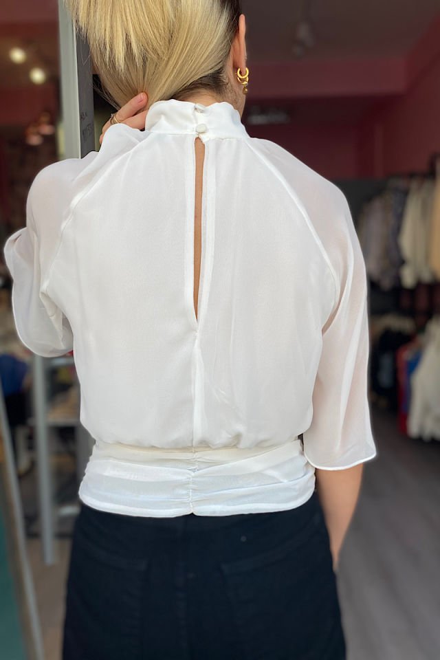 Yarasa Kol Multi Şifon Bluz-Ekru