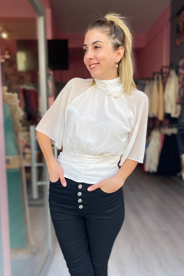 Yarasa Kol Multi Şifon Bluz-Ekru