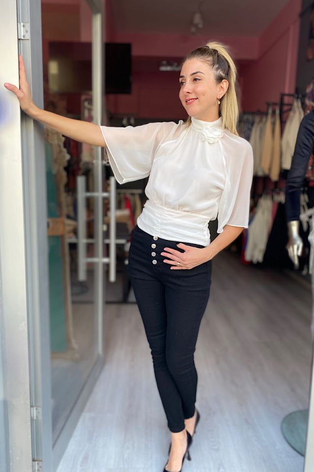 Yarasa Kol Multi Şifon Bluz-Ekru