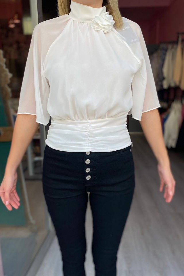 Yarasa Kol Multi Şifon Bluz-Ekru