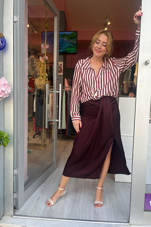 Büzgü Detay Yırtmaçlı Saten Etek-Mürdüm