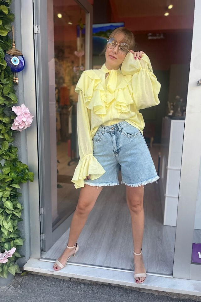 Fırfırlı Romantik Gömlek-Sarı