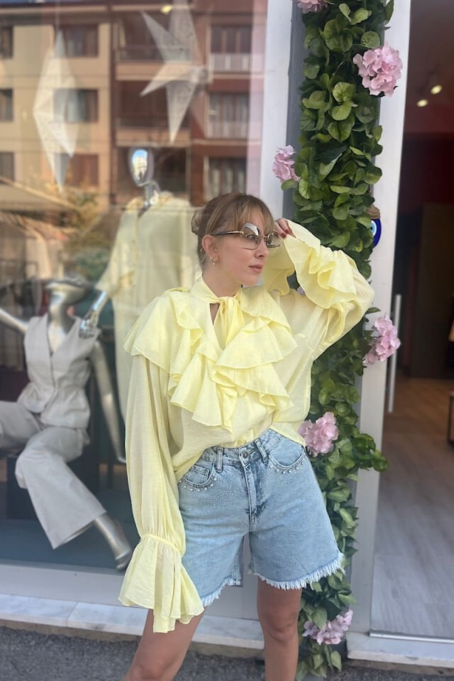 Fırfırlı Romantik Gömlek-Sarı