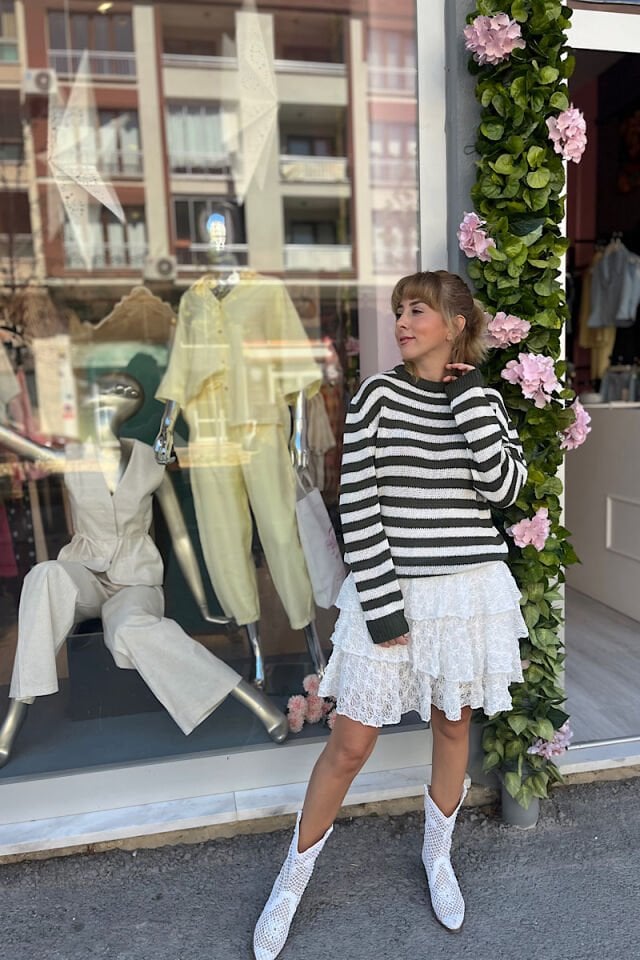 Mevsimlik Çizgili Triko-Haki