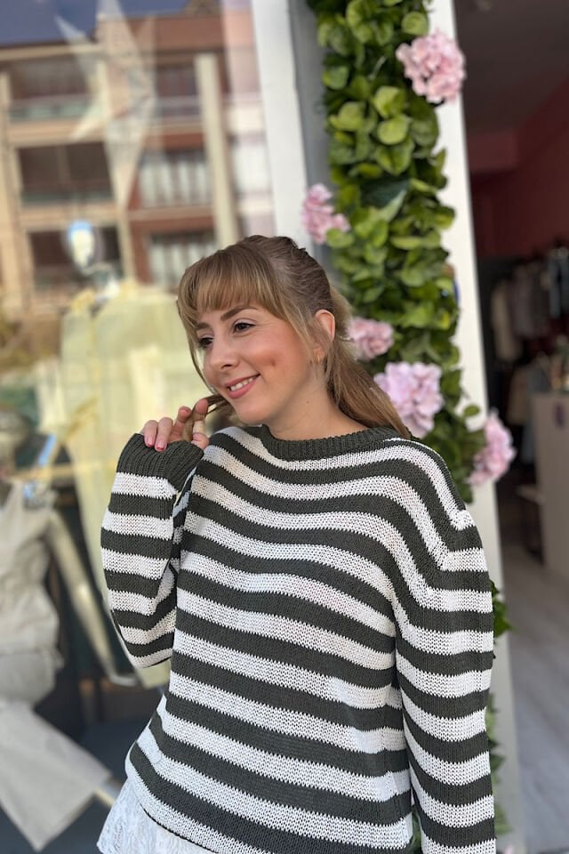 Mevsimlik Çizgili Triko-Haki