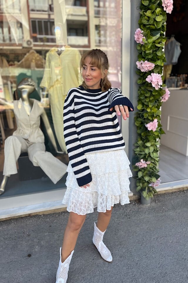 Mevsimlik  Çizgili Triko-Lacivert