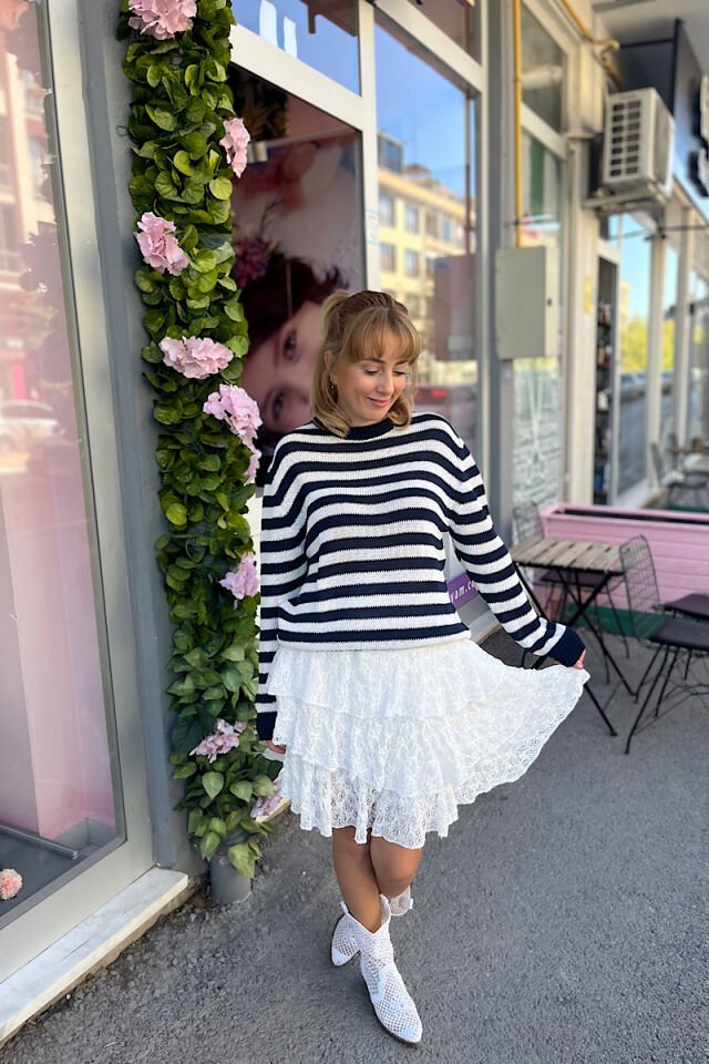 Mevsimlik  Çizgili Triko-Lacivert