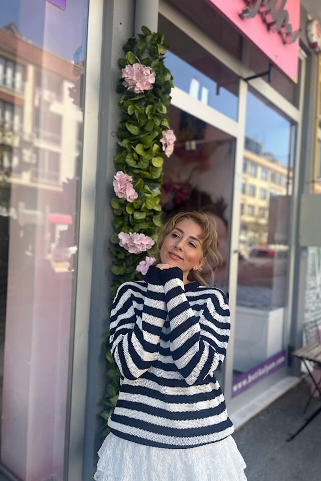 Mevsimlik  Çizgili Triko-Lacivert