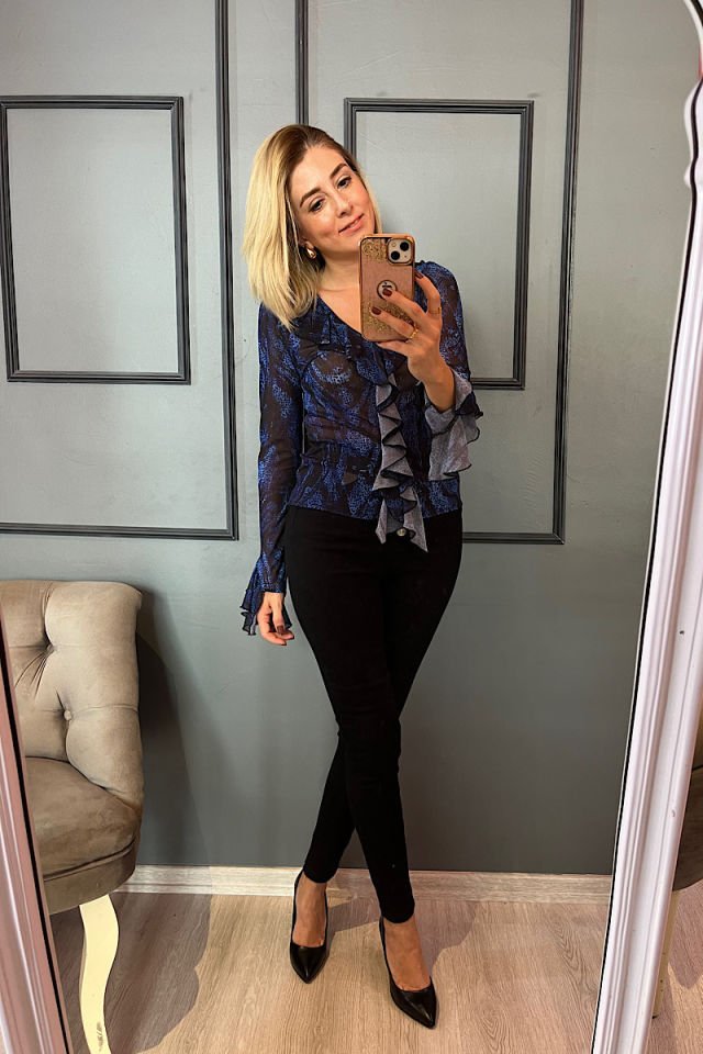 Fırfırlı Tül Bluz-Saks