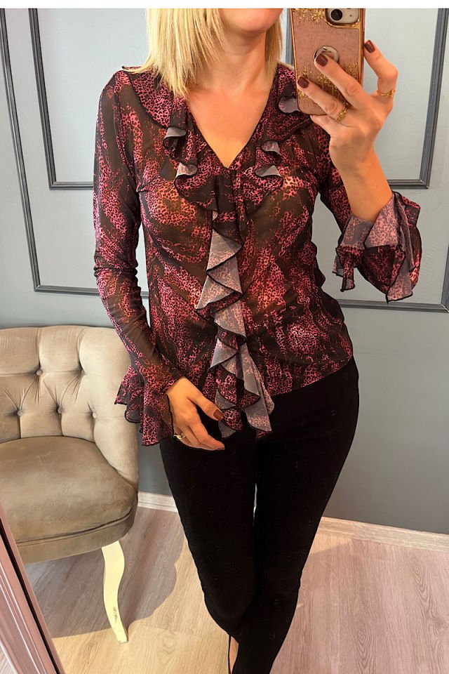 Fırfırlı Tül Bluz -Fuşya