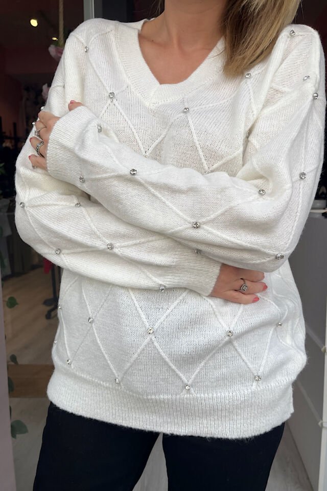 Taşlı V Yaka Triko-Ekru