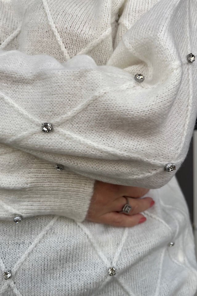 Taşlı V Yaka Triko-Ekru