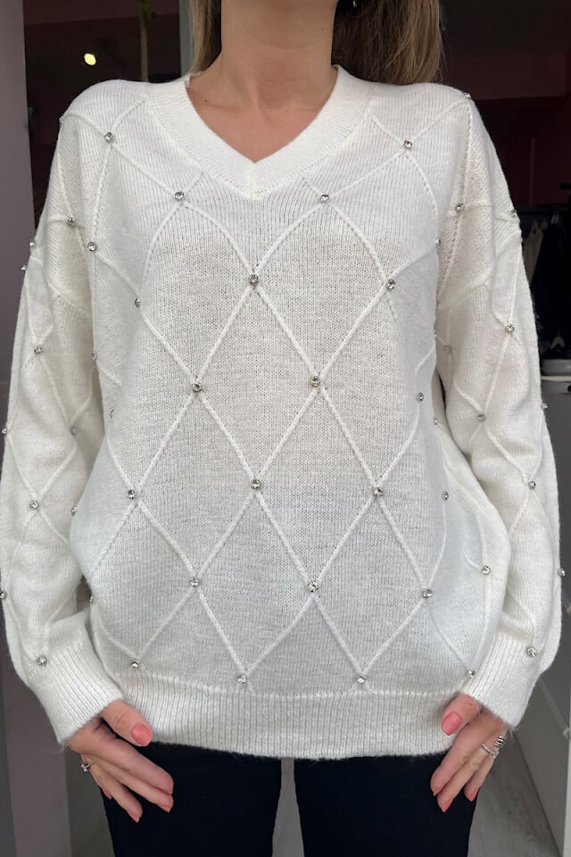 Taşlı V Yaka Triko-Ekru