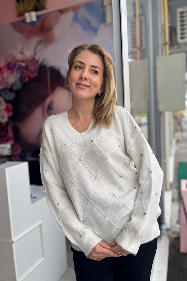 Taşlı V Yaka Triko-Ekru