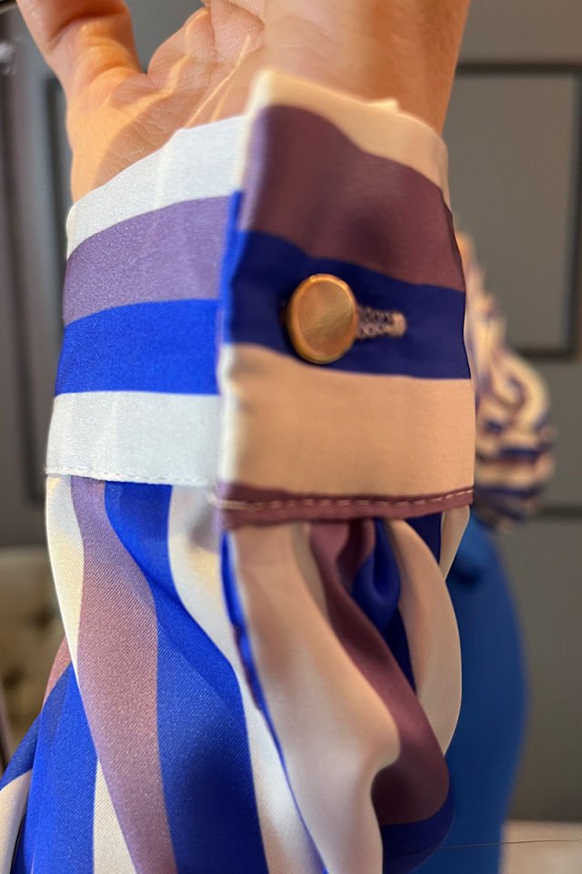 Renkli Çizgili Saten Gömlek-Mavi Lila