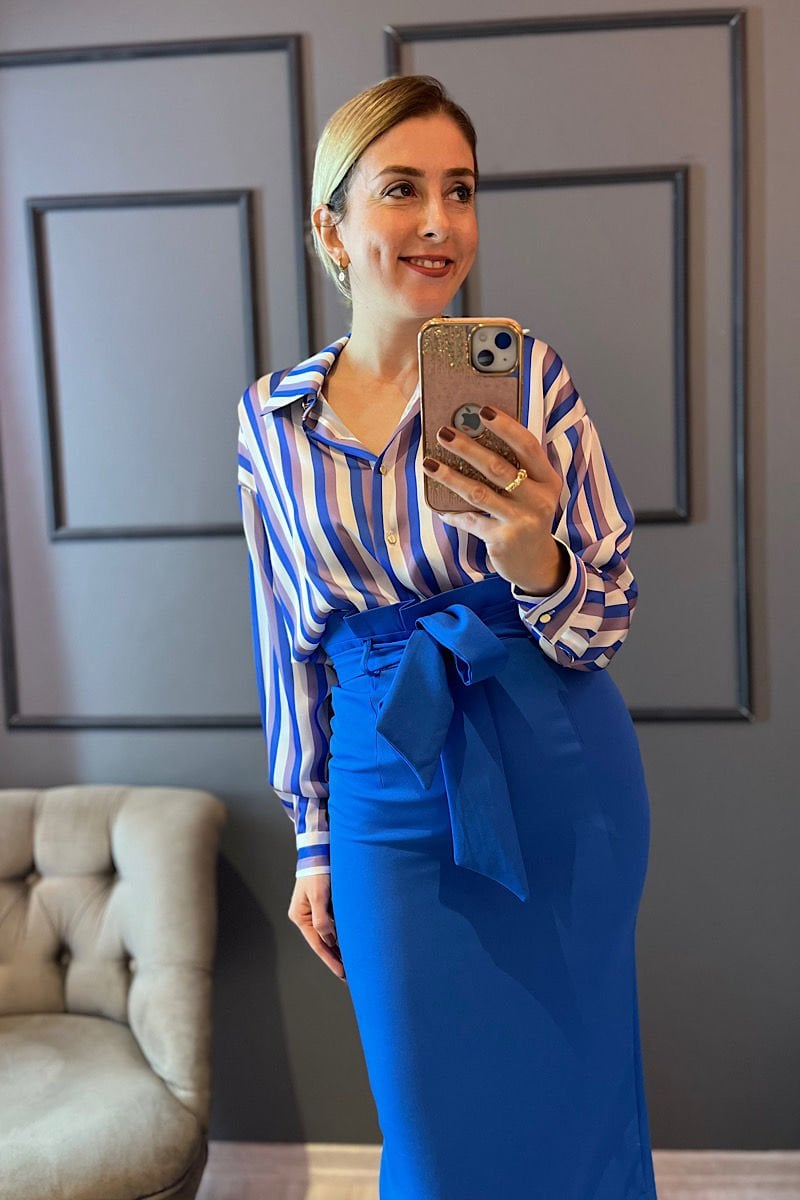 Renkli Çizgili Saten Gömlek-Mavi Lila