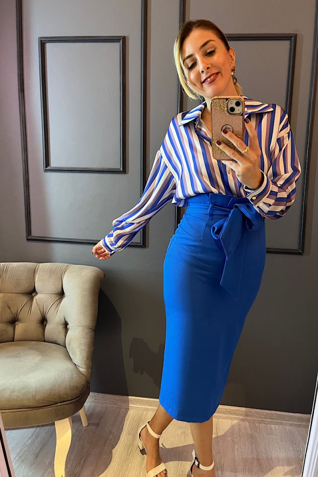 Renkli Çizgili Saten Gömlek-Mavi Lila