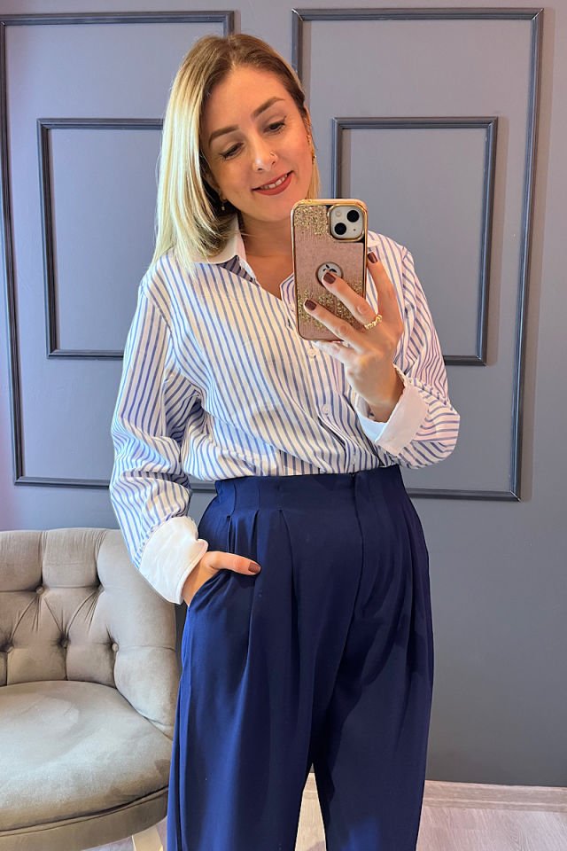 Beyaz Yaka Çizgili Gömlek