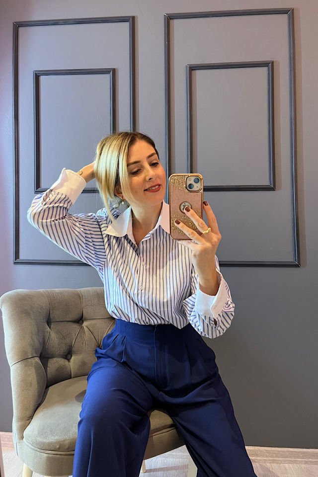 Beyaz Yaka Çizgili Gömlek