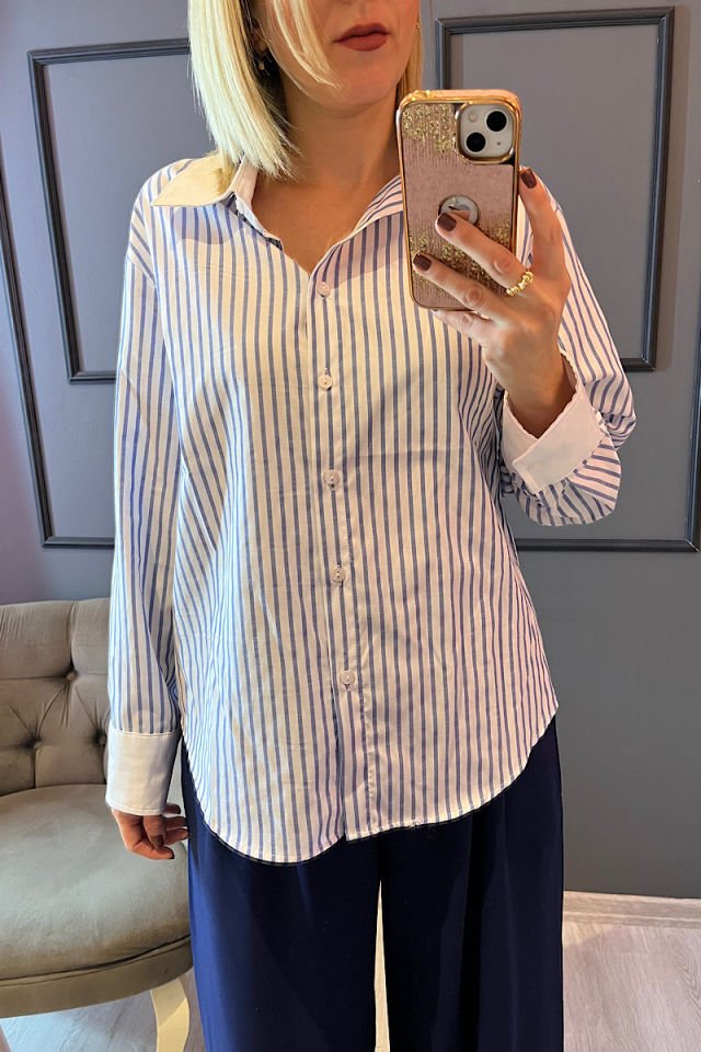 Beyaz Yaka Çizgili Gömlek