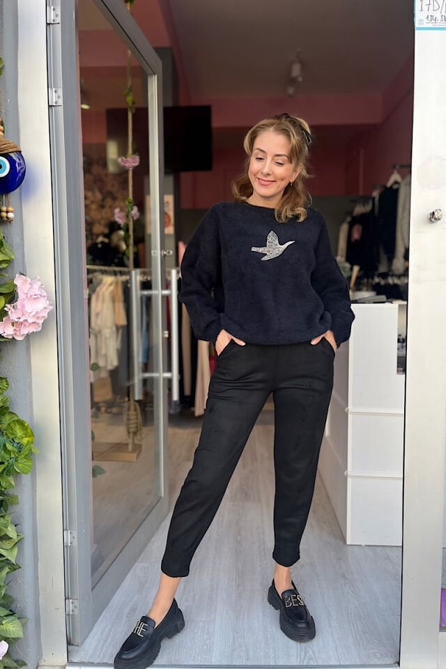 Bileği Pensli Süet Pantolon-Siyah