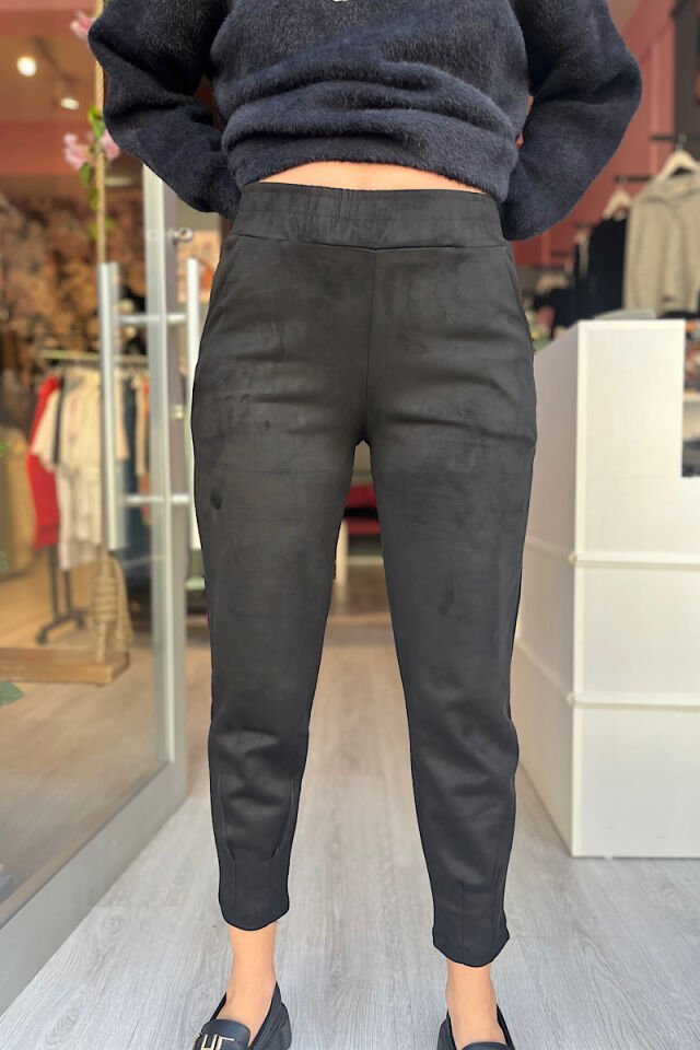 Bileği Pensli Süet Pantolon-Siyah