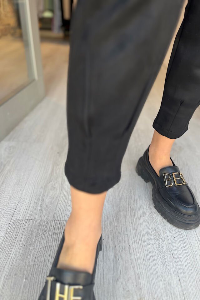 Bileği Pensli Süet Pantolon-Siyah