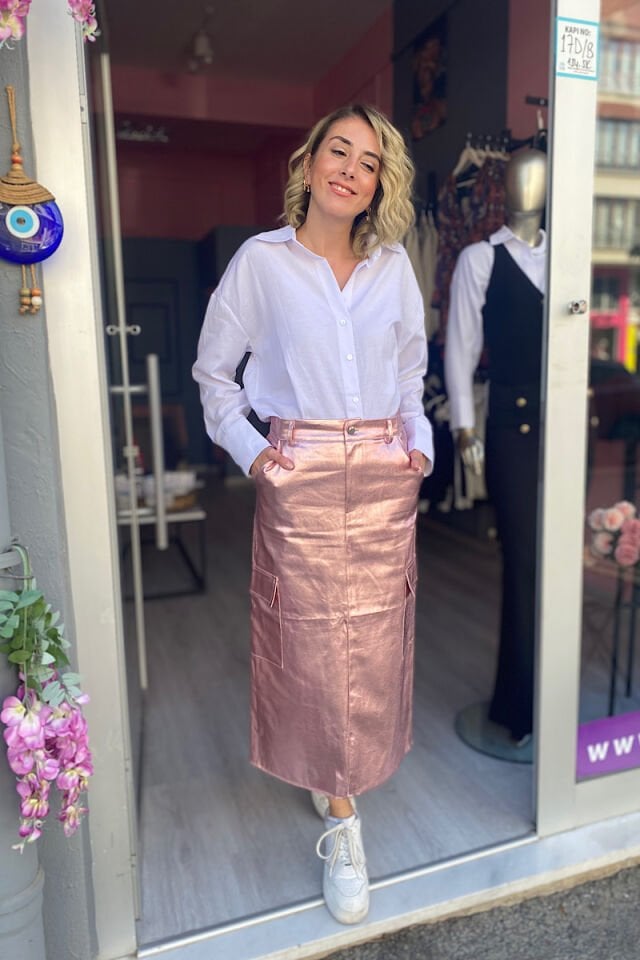 Metalik Kargo Etek -Pembe