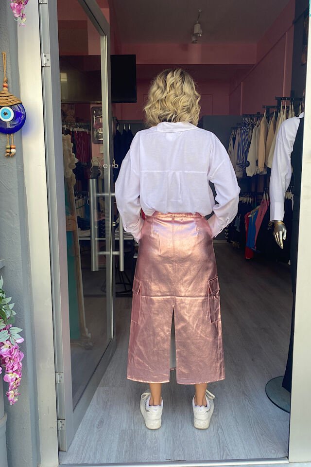 Metalik Kargo Etek -Pembe