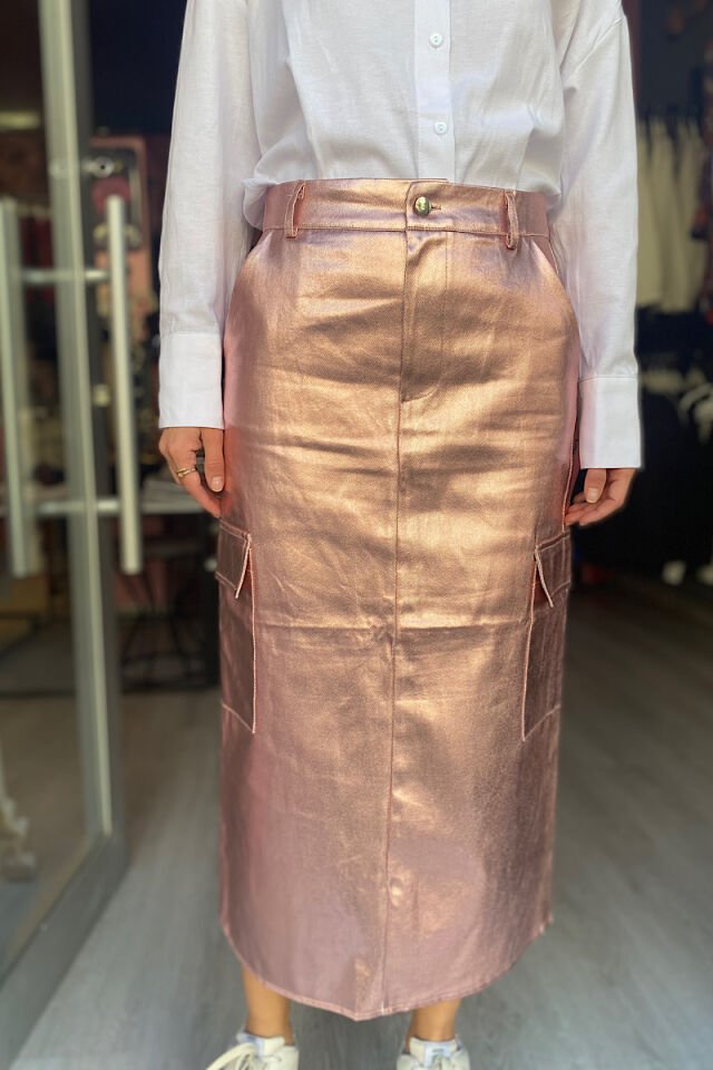 Metalik Kargo Etek -Pembe