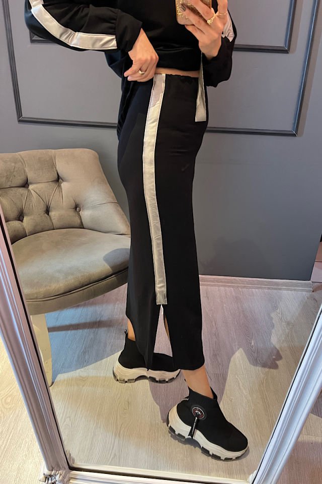 Deri Şeritli İki İplik Pamuklu Takım -Siyah