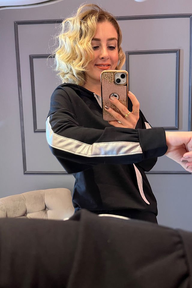 Deri Şeritli İki İplik Pamuklu Takım -Siyah