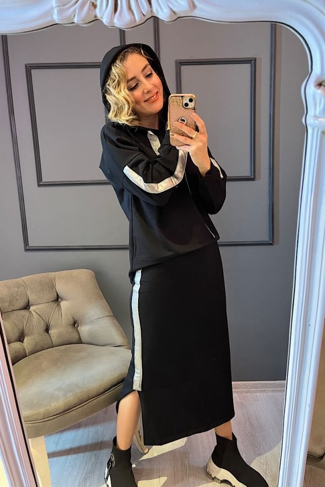 Deri Şeritli İki İplik Pamuklu Takım -Siyah