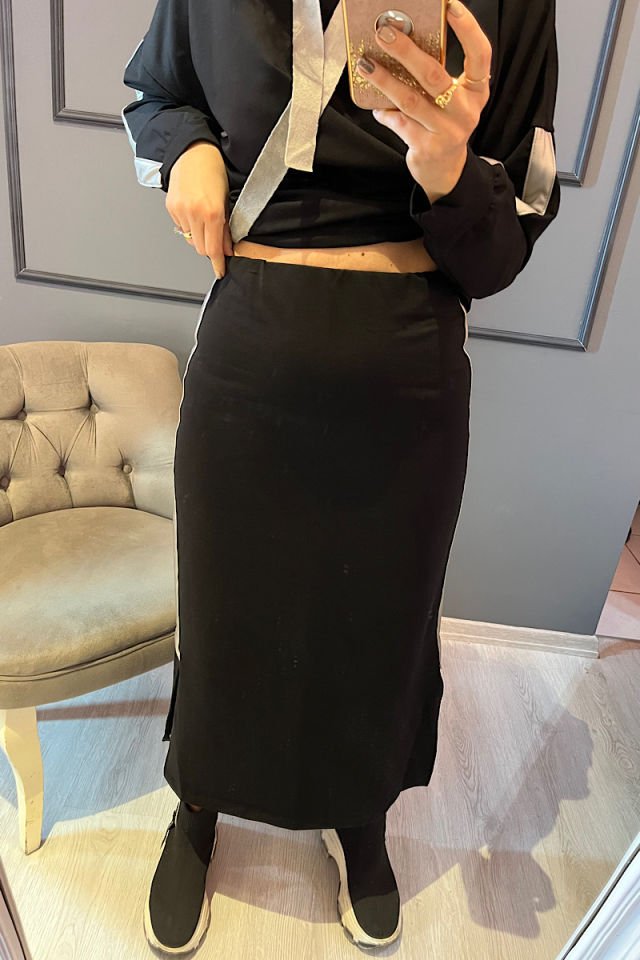 Deri Şeritli İki İplik Pamuklu Takım -Siyah