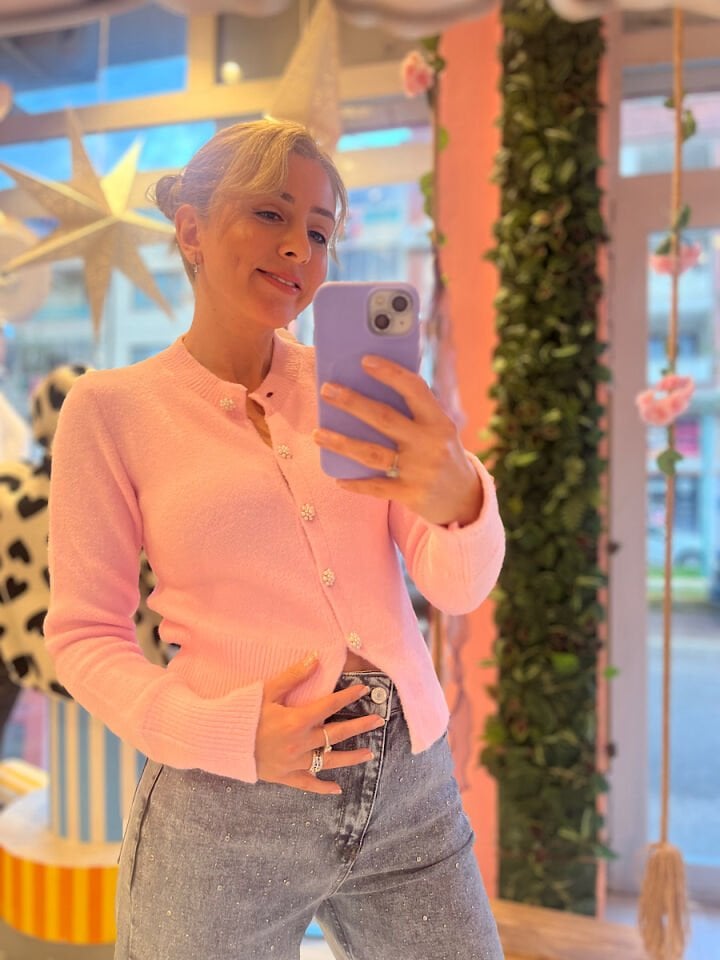 İnci Düğmeli Hırka-Pembe