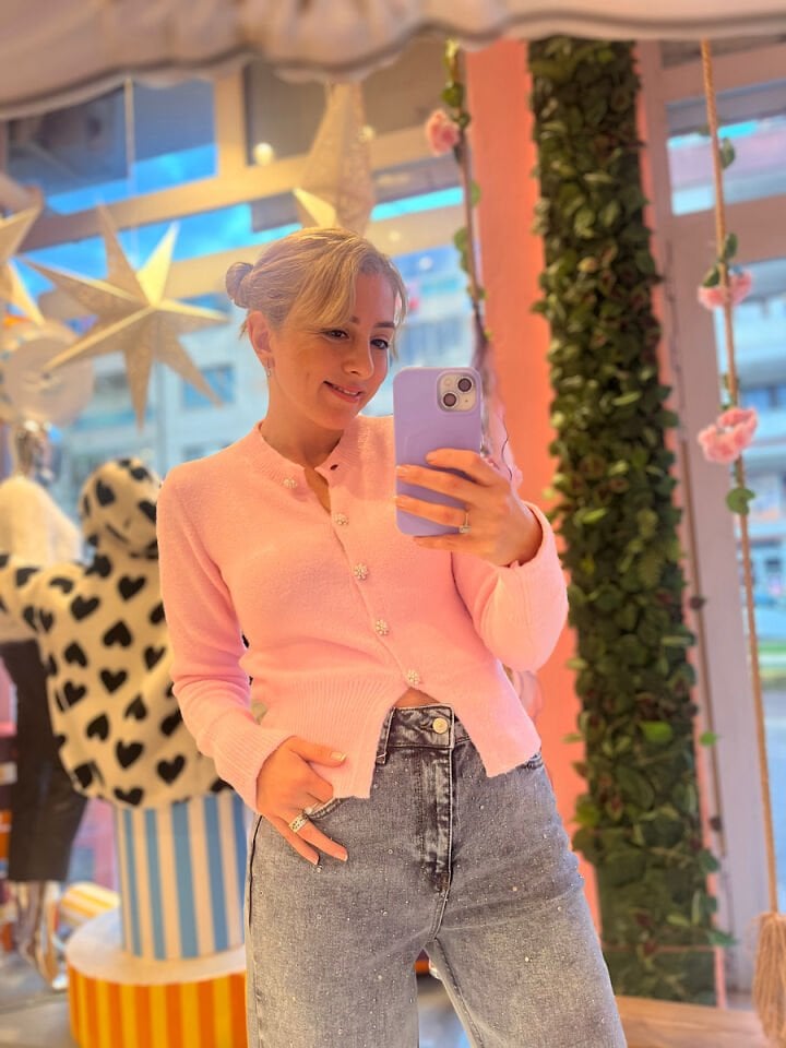 İnci Düğmeli Hırka-Pembe