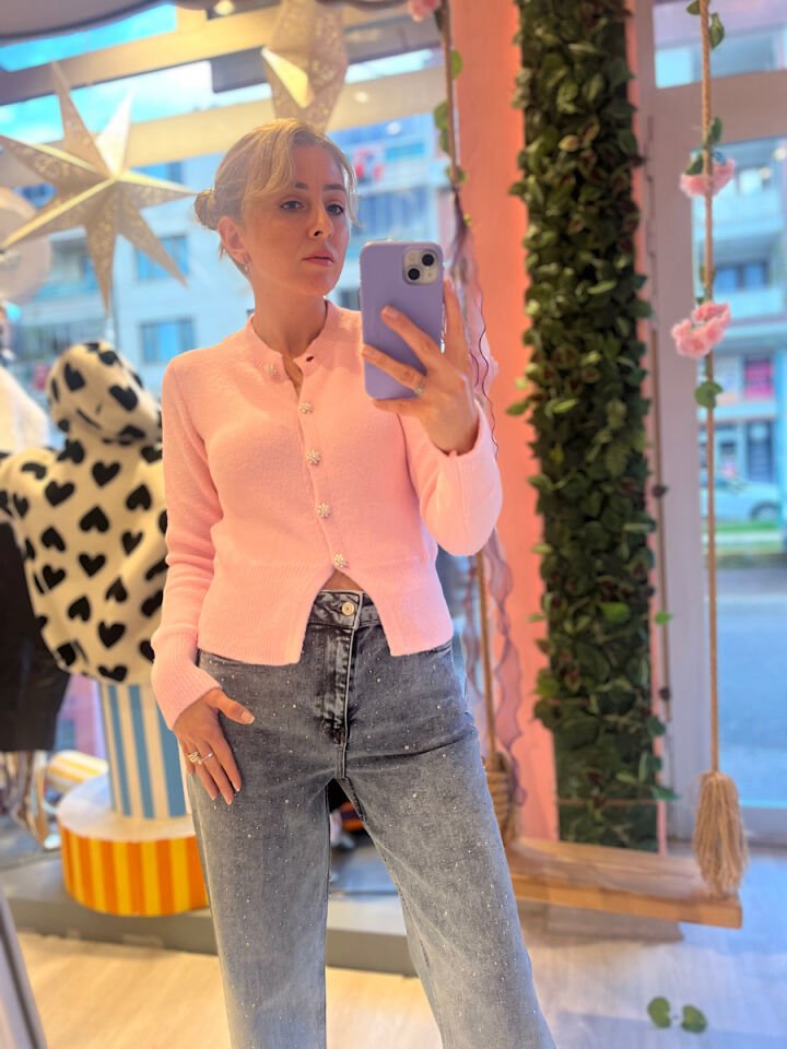 İnci Düğmeli Hırka-Pembe