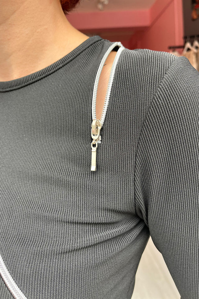 Fermuarlı Ottoman Crop Bluz -Siyah