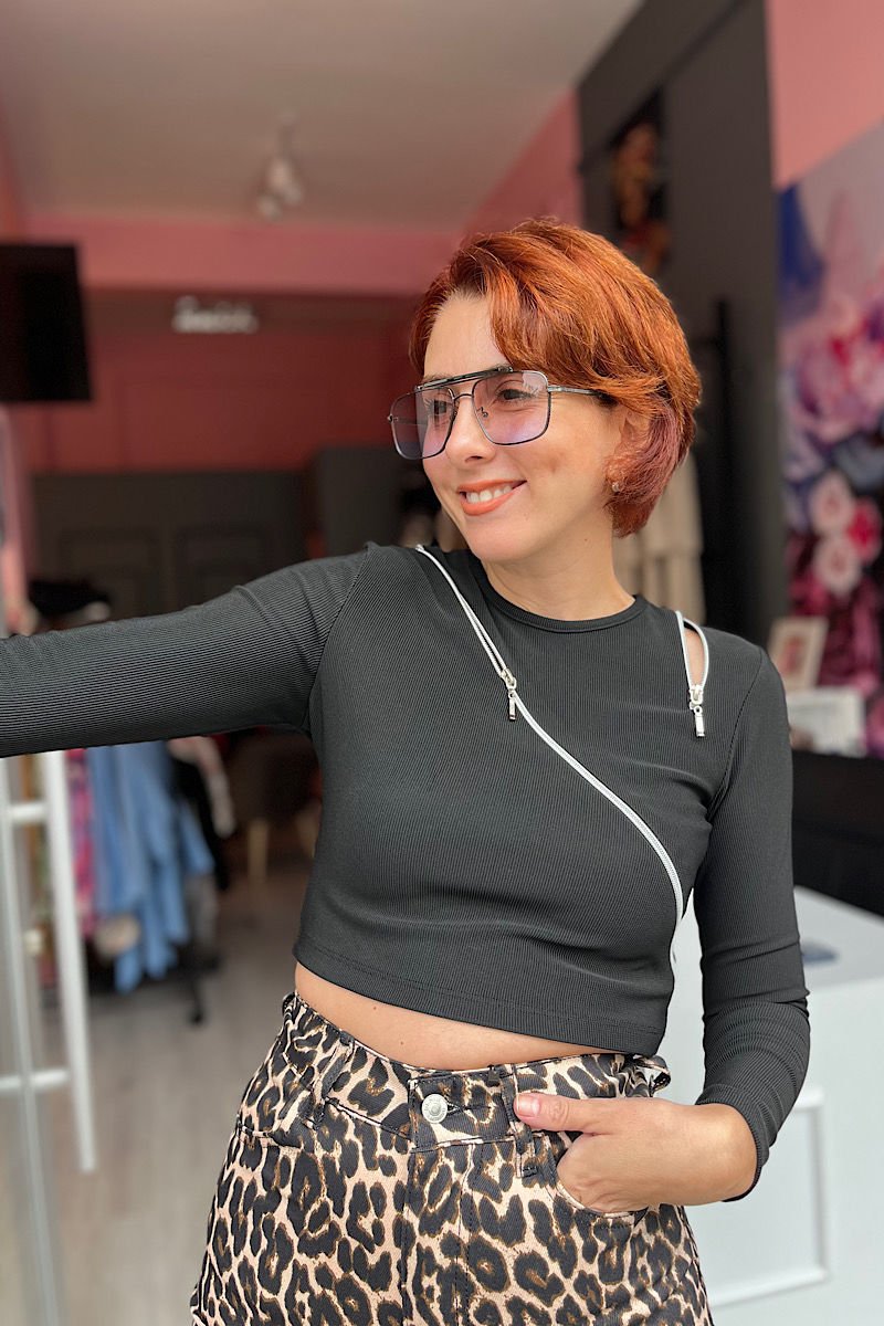 Fermuarlı Ottoman Crop Bluz -Siyah