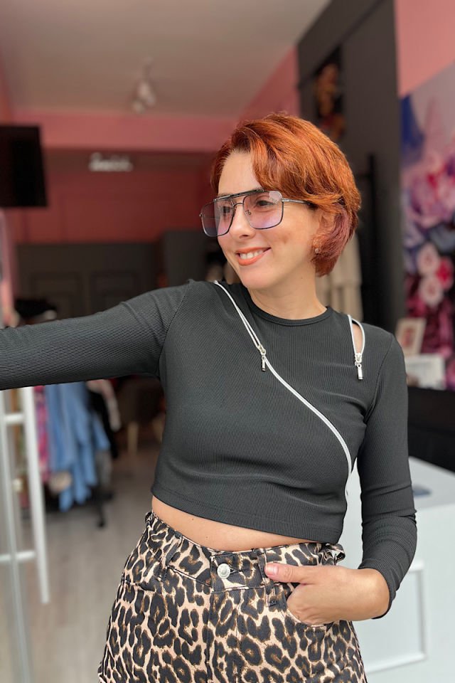 Fermuarlı Ottoman Crop Bluz -Siyah