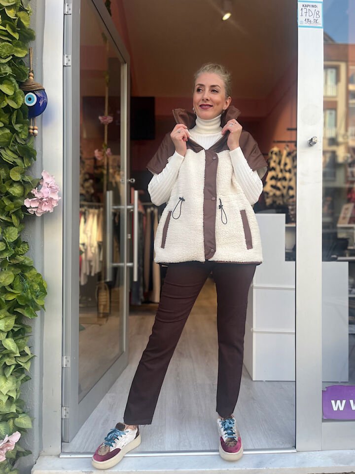 Garnili Peluş Yelek-Kahve