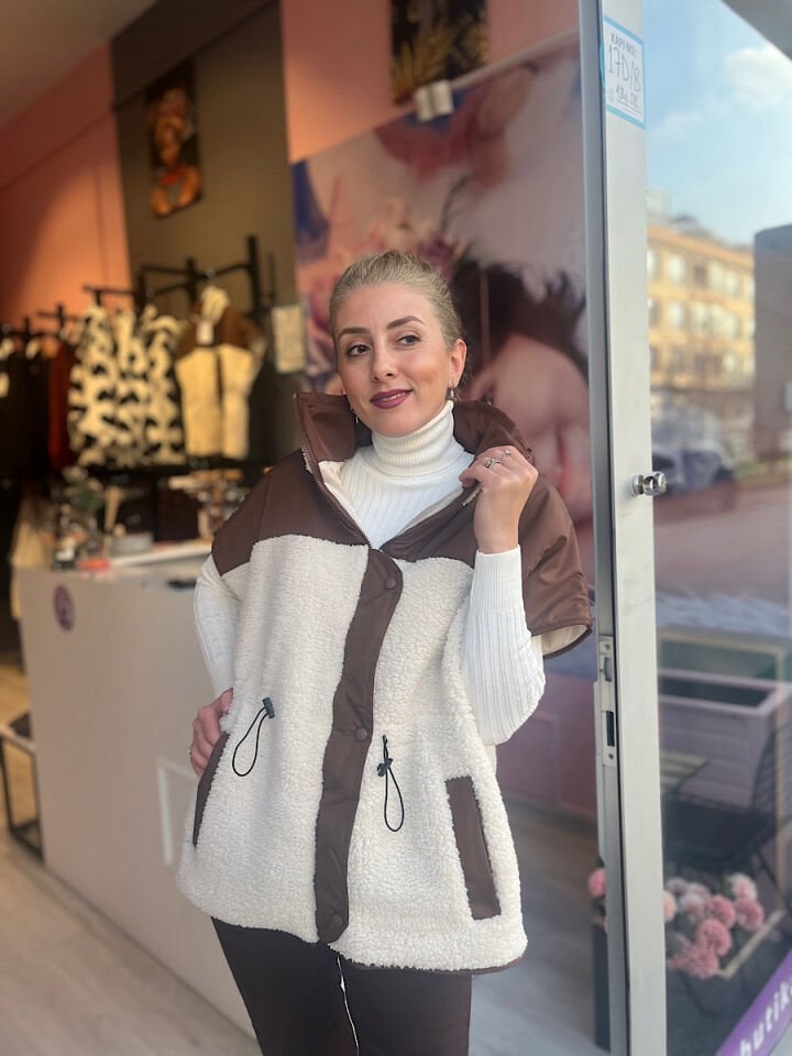 Garnili Peluş Yelek-Kahve